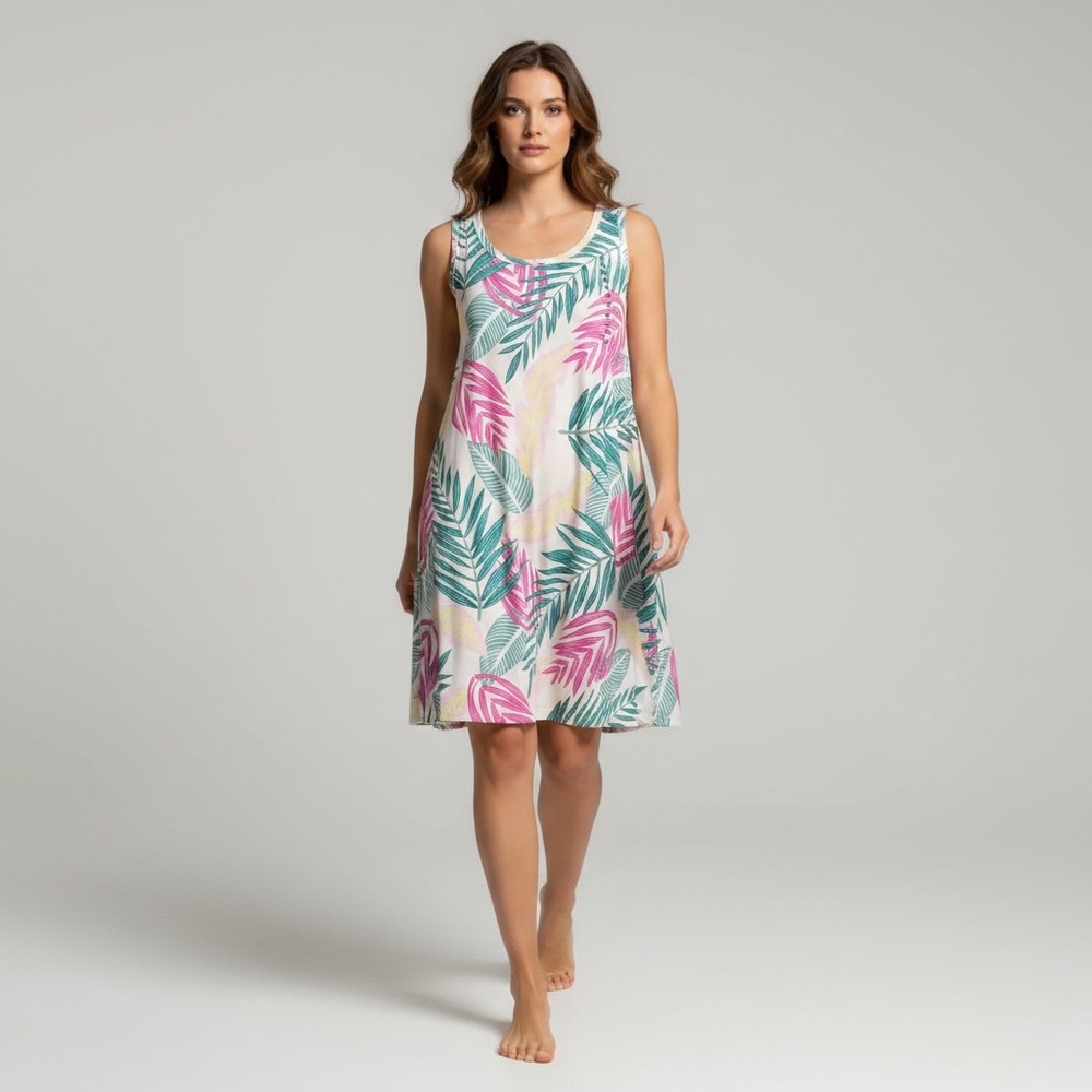 Frestyle Tropical Leaf Print Sundress/Swim CoverUp Dress Pink/Green Hi-Lo NWT OS